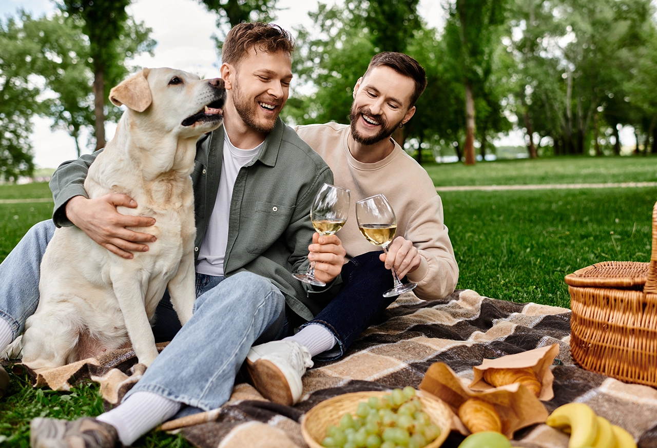 Männer stoßen mit Wein beim Picknick an Frau entspannt beim Yoga zu Hause